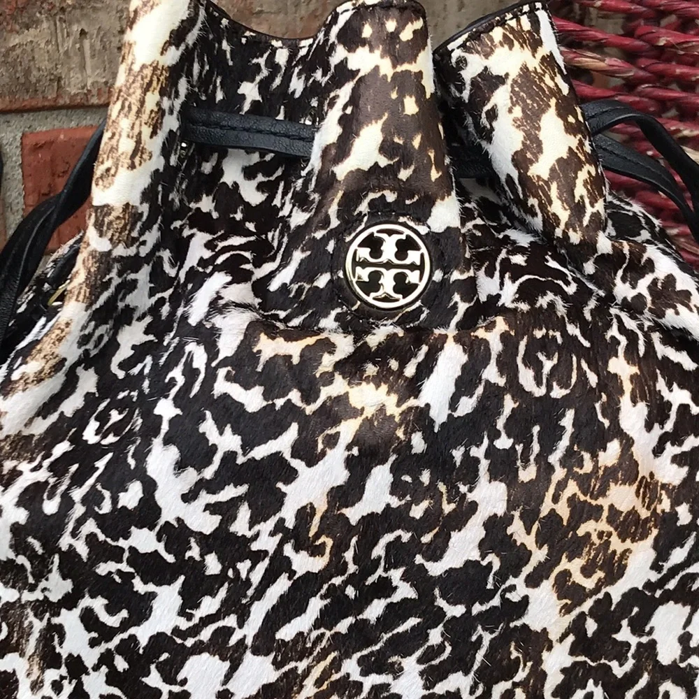 TORY BURCH Distressed Animal Print Dyed Haircalf Fur Bucket Purse